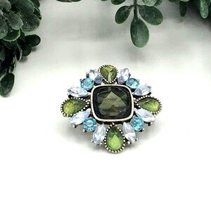 Vintage-Inspired Green & Blue Rhinestone Brooch Floral Design Silver-Tone Settin